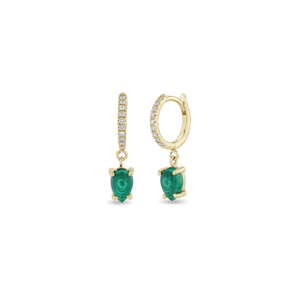 Zoe Chicco 14k Yellow Gold Dangling Pear Malachite Small Pavé Diamond Hinge Huggie Hoops