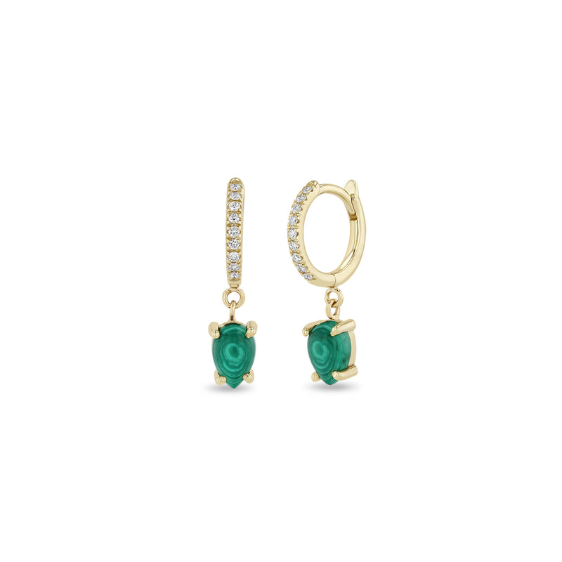 Zoe Chicco 14k Yellow Gold Dangling Pear Malachite Small Pavé Diamond Hinge Huggie Hoops