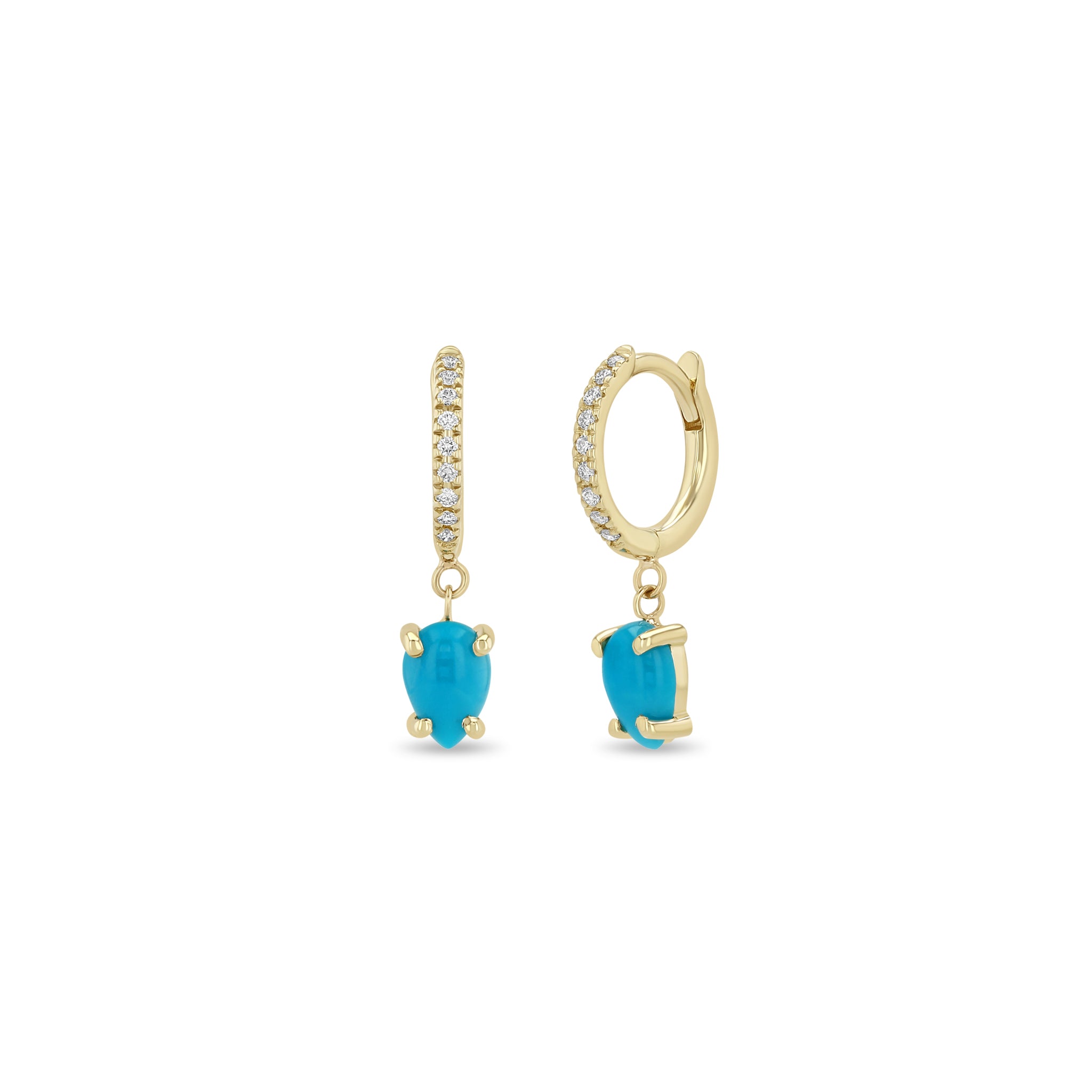 Zoe Chicco 14k Dangling Pear Turquoise Small Pavé Diamond Hinge Huggie Hoops on a white background