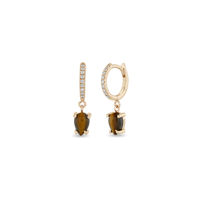 Zoe Chicco 14k Rose Gold Dangling Pear Tiger Eye Small Pavé Diamond Hinge Huggie Hoops
