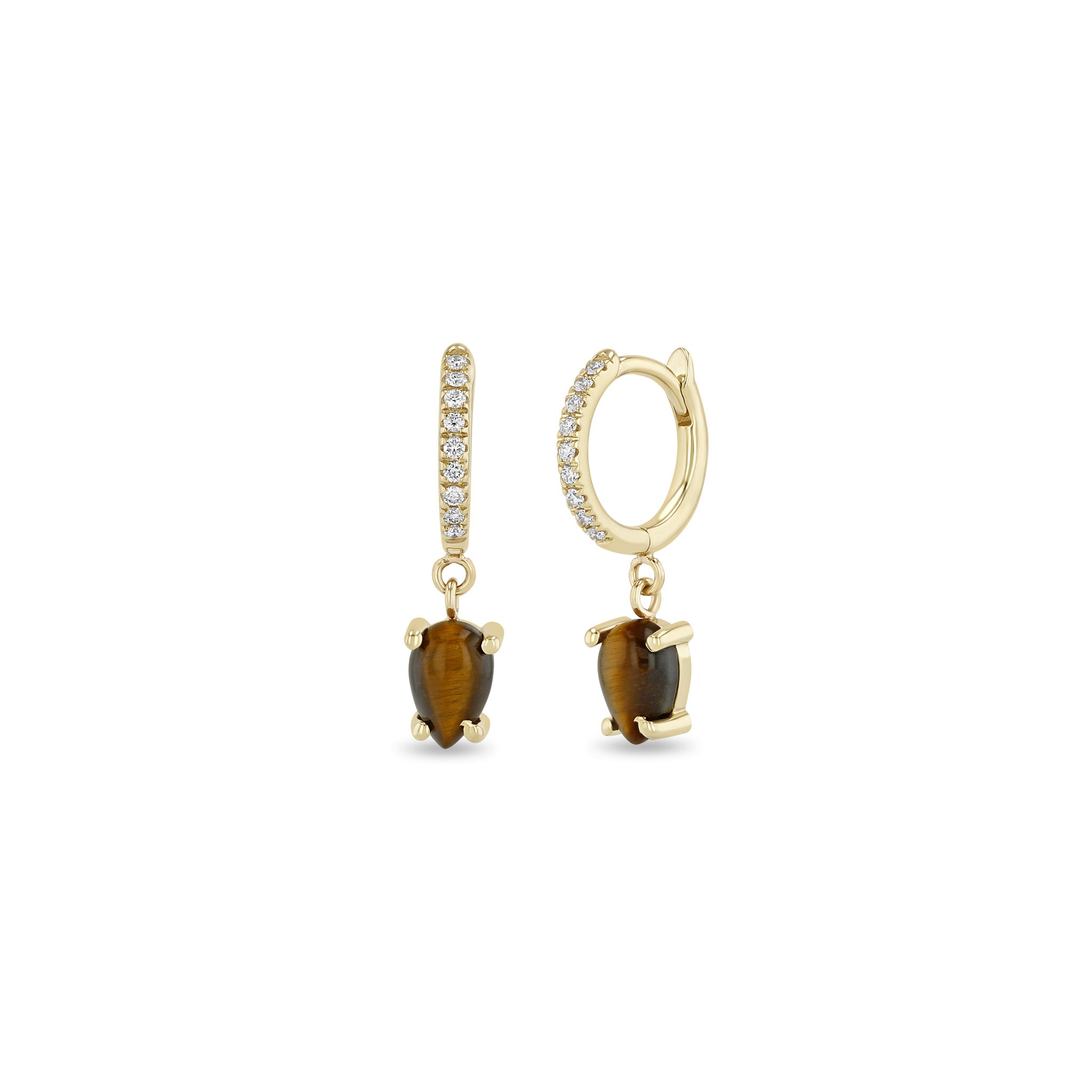 Zoe Chicco 14k Yellow Gold Dangling Pear Tiger Eye Small Pavé Diamond Hinge Huggie Hoops