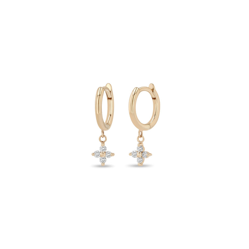 14k Dangling Prong Diamond Quad Small Hinge Huggie Hoops