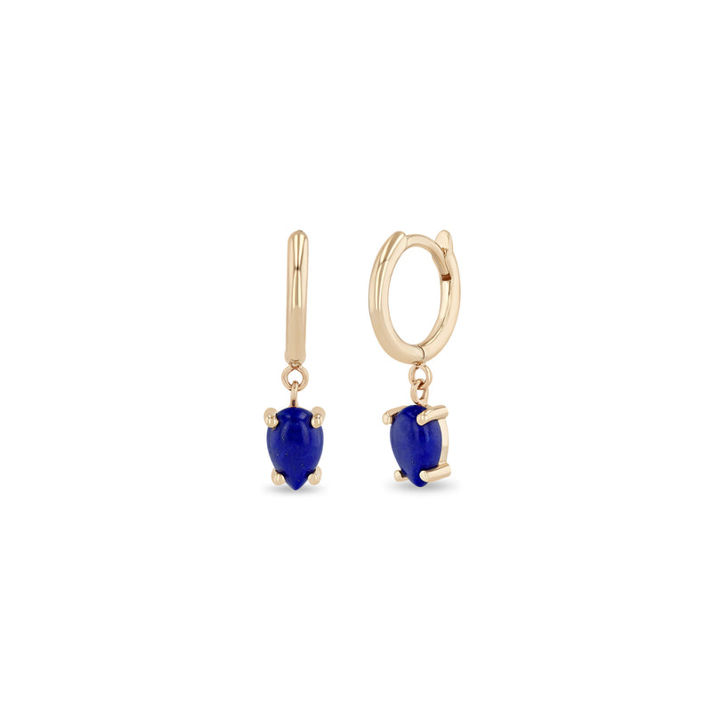 14k Dangling Pear Lapis Small Pavé Diamond Hinge Huggie Hoops