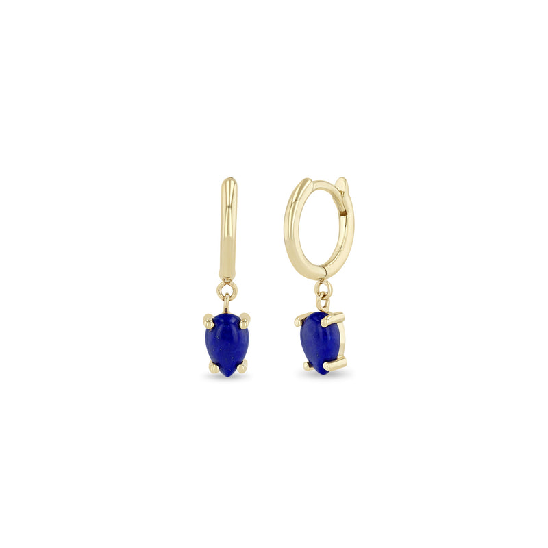14k Dangling Pear Lapis Small Pavé Diamond Hinge Huggie Hoops