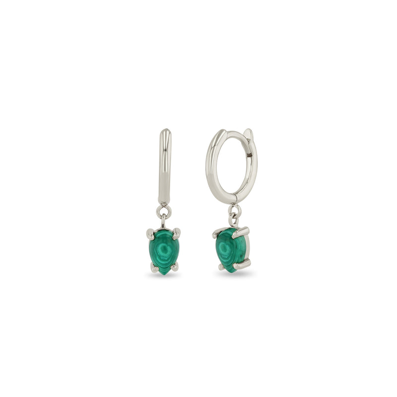 Zoe Chicco 14k White Gold Dangling Pear Malachite Small Hinge Huggie Hoops