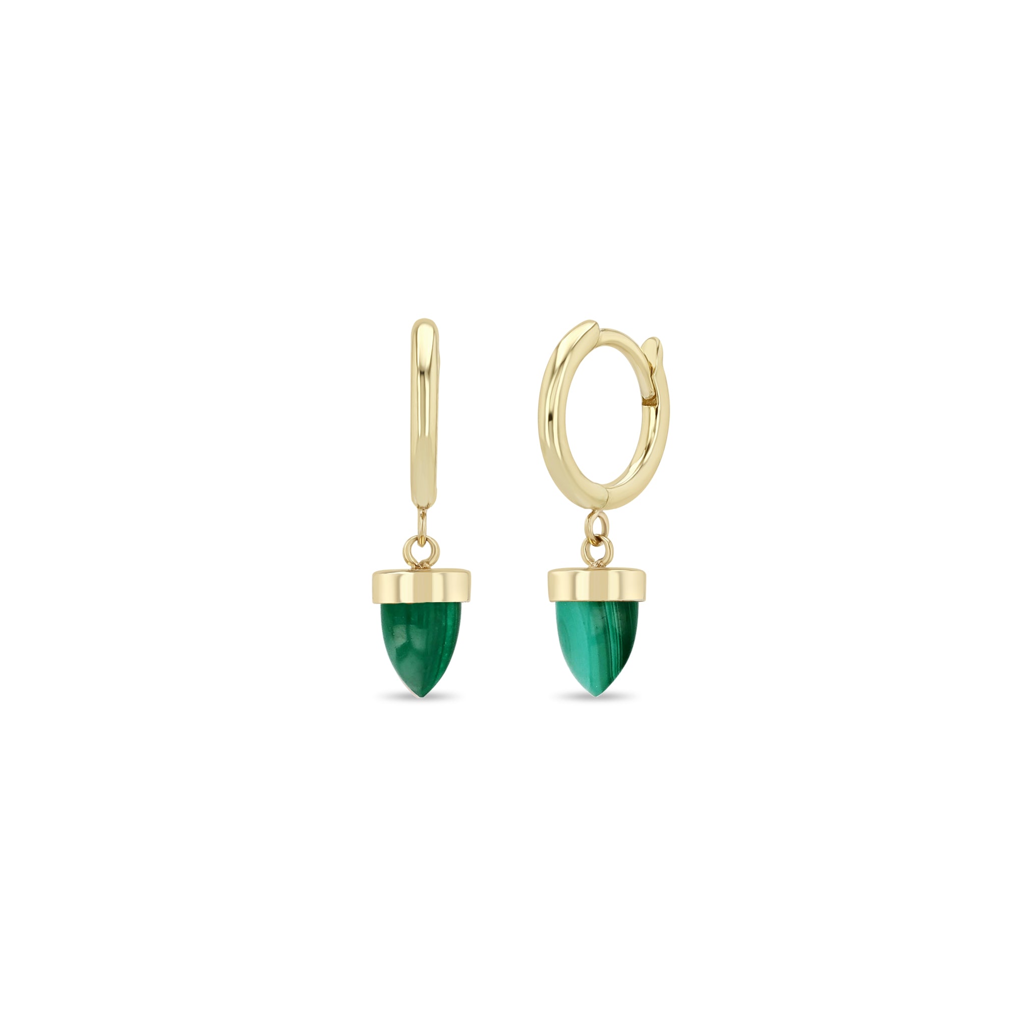 Zoe Chicco 14k Gold Malachite Bullet Huggie Hoops on a white background