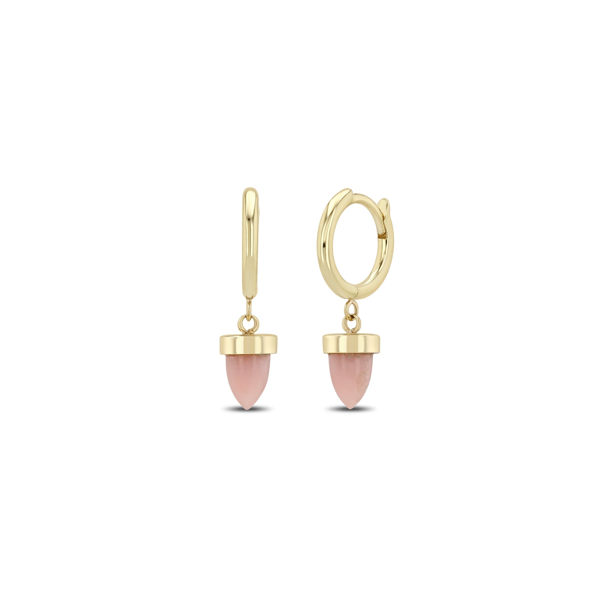 Zoe Chicco 14k Gold Pink Opal Bullet Huggie Hoops on a white background