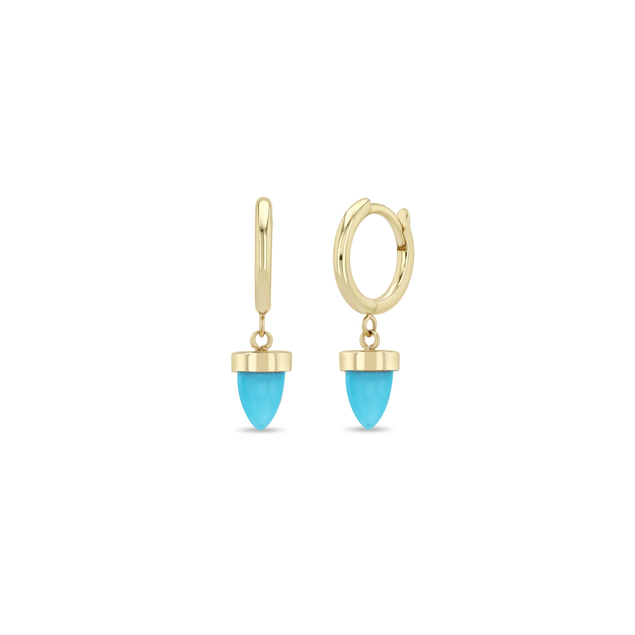 Zoe Chicco 14k Gold and Turquoise Bullet Huggie Hoops on a white background