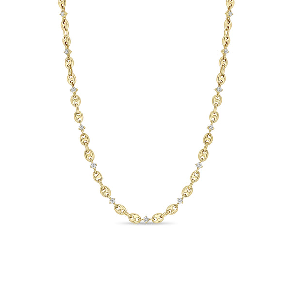 Zoë Chicco 14k Gold Linked Prong Diamond & Small Puffed Mariner Chain Necklace
