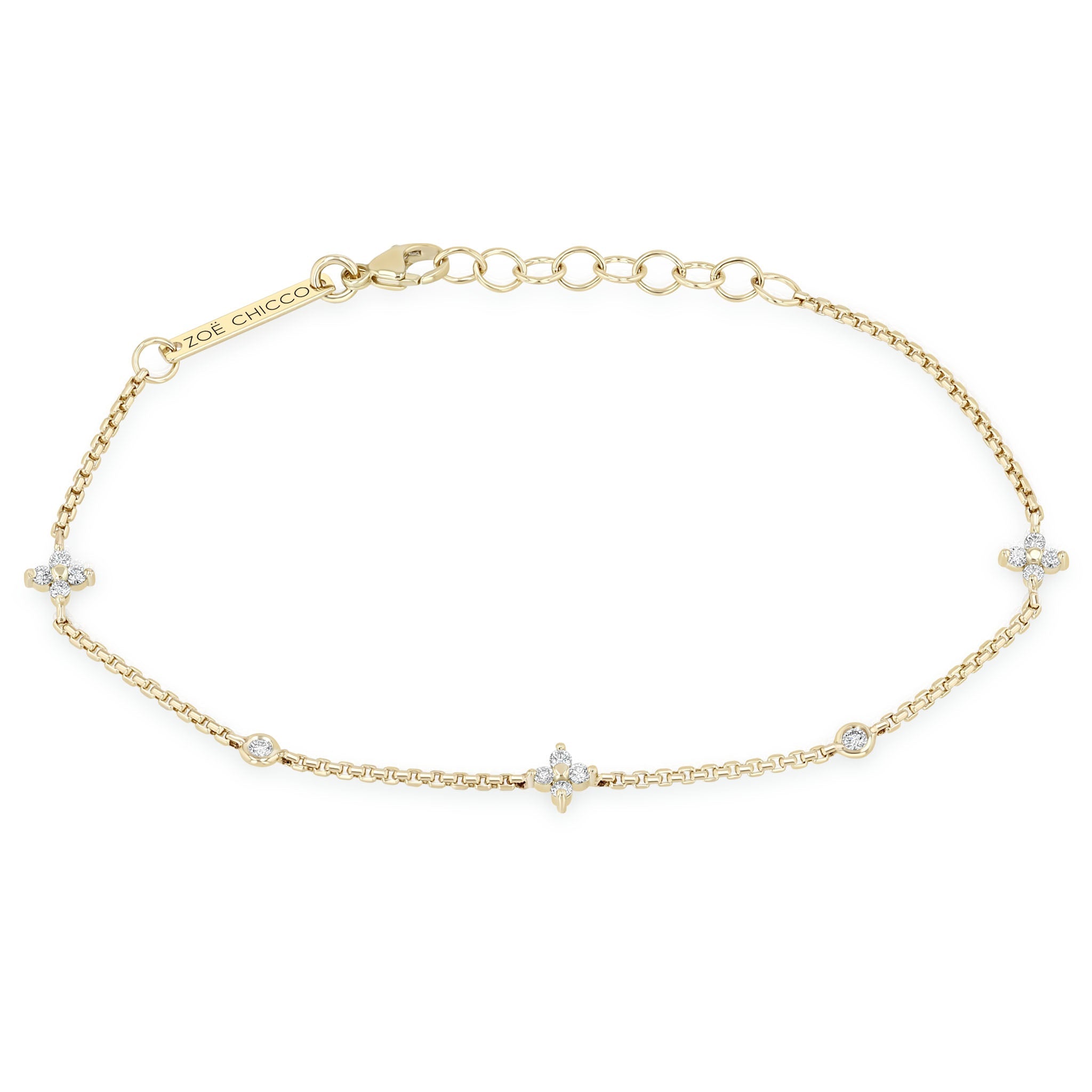 Zoe Chicco 14k gold chain and diamond bracelet on white background