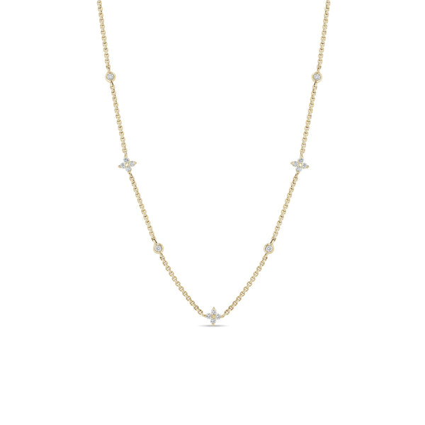 14k Prong Diamond Quad & Floating Diamond Station Extra Small Box Chain Necklace