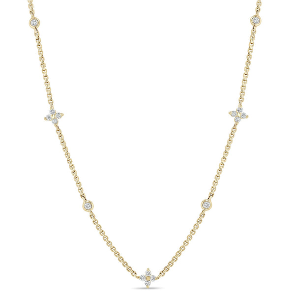 14k Prong Diamond Quad & Floating Diamond Station Box Chain Necklace