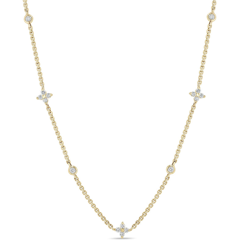 14k Prong Diamond Quad & Floating Diamond Station Box Chain Necklace
