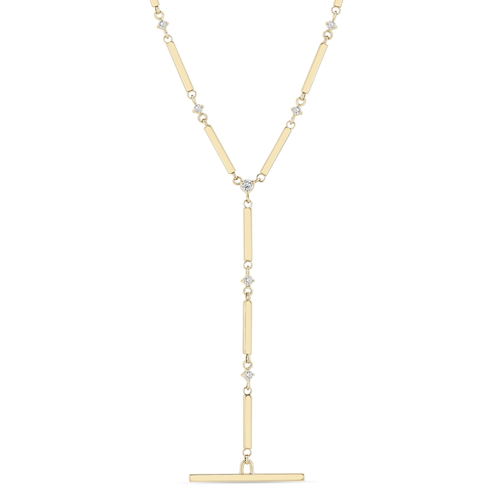 Zoe Chicco 14k gold bar and diamond lariat necklace on a white background 