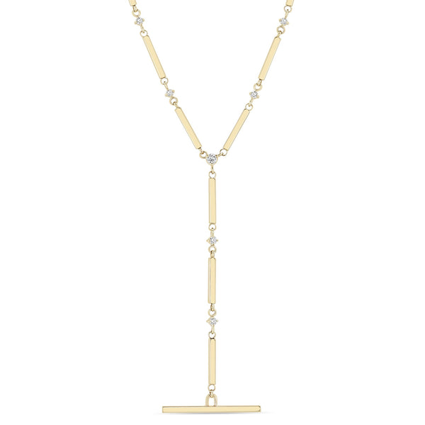 14k Gold Linked Bar & Prong Diamond Faux Toggle Lariat Necklace