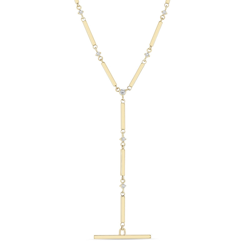 14k Gold Linked Bar & Prong Diamond Faux Toggle Lariat Necklace