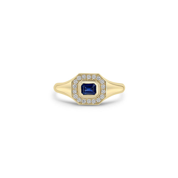 Zoë Chicco 14k Gold Emerald Cut Blue Sapphire Diamond Halo Signet Ring