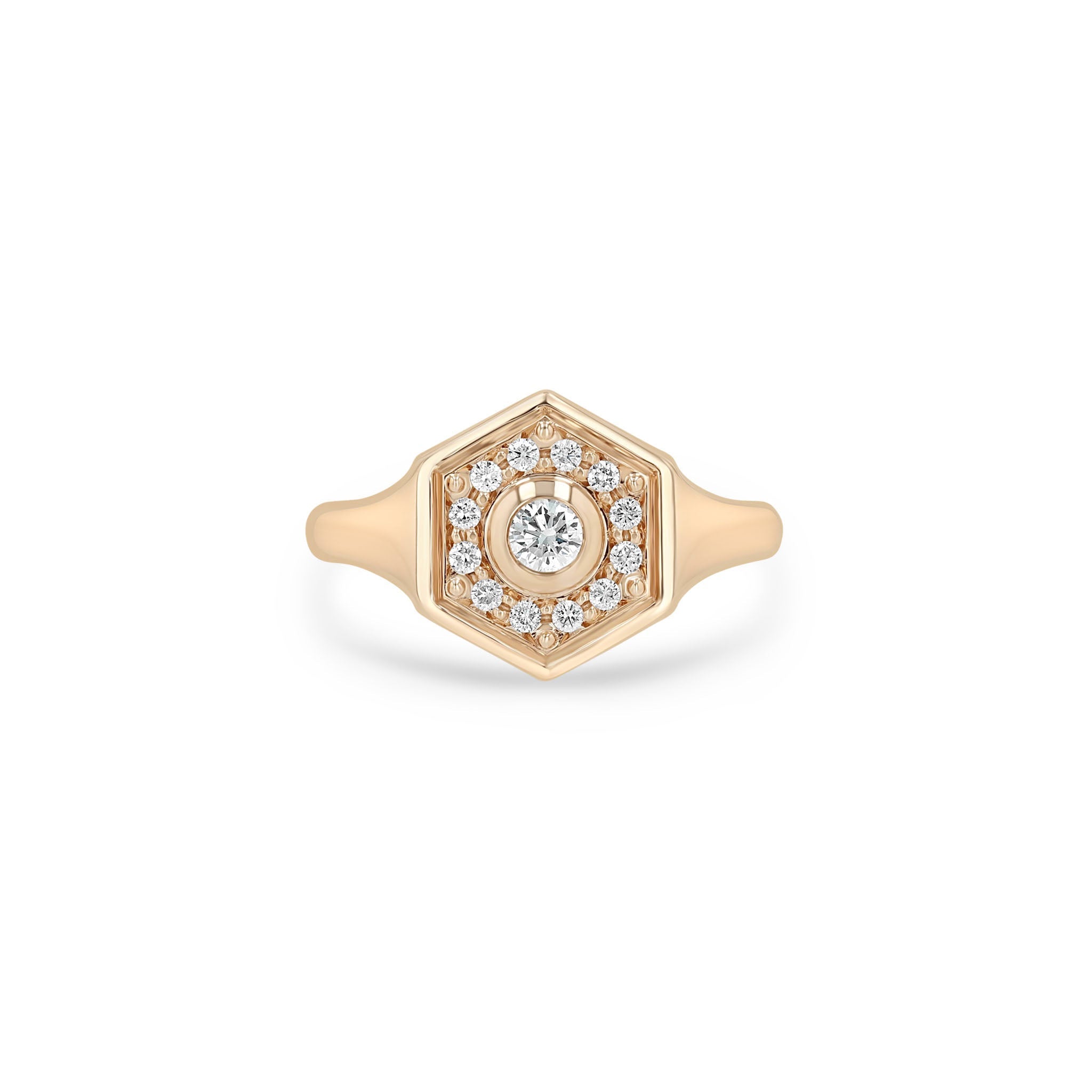 Zoe Chicco 14k rose gold hexagon signet ring with pave diamonds on a white background