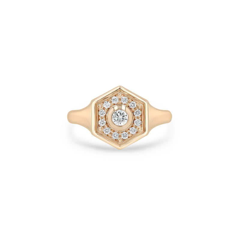 Zoe Chicco 14k rose gold hexagon signet ring with pave diamonds on a white background