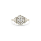 Zoe Chicco 14k white gold hexagon signet ring with pave diamonds on a white background