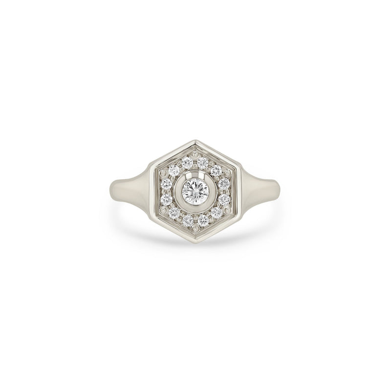 Zoe Chicco 14k white gold hexagon signet ring with pave diamonds on a white background