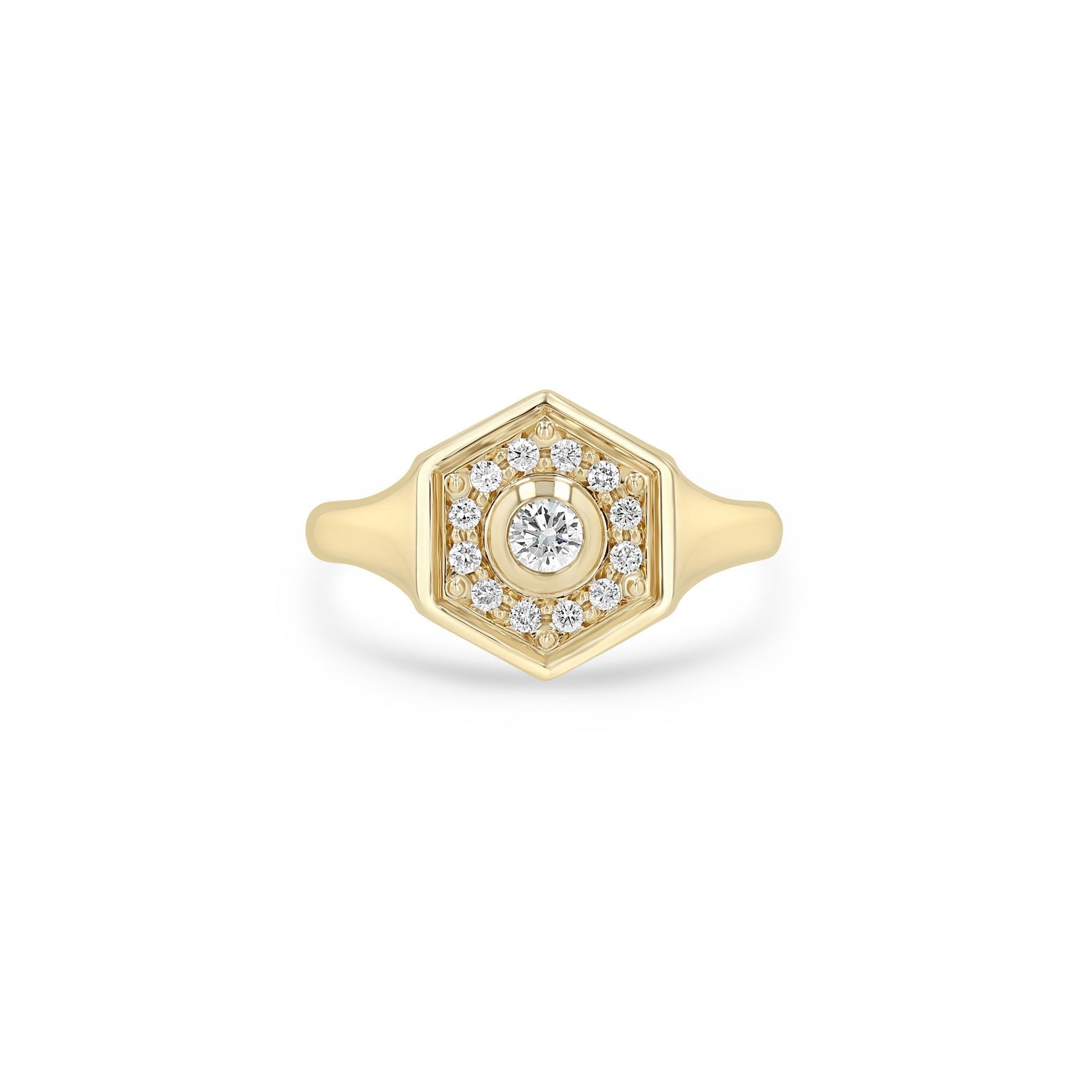 Zoe Chicco 14k gold hexagon shaped signet ring with pave diamonds on a white background