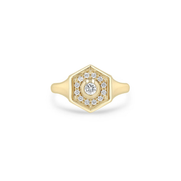 Zoe Chicco 14k gold hexagon shaped signet ring with pave diamonds on a white background