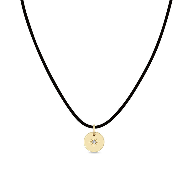 Zoë Chicco 14k Gold Star Set Diamond Disc Pendant Leather Cord Necklace