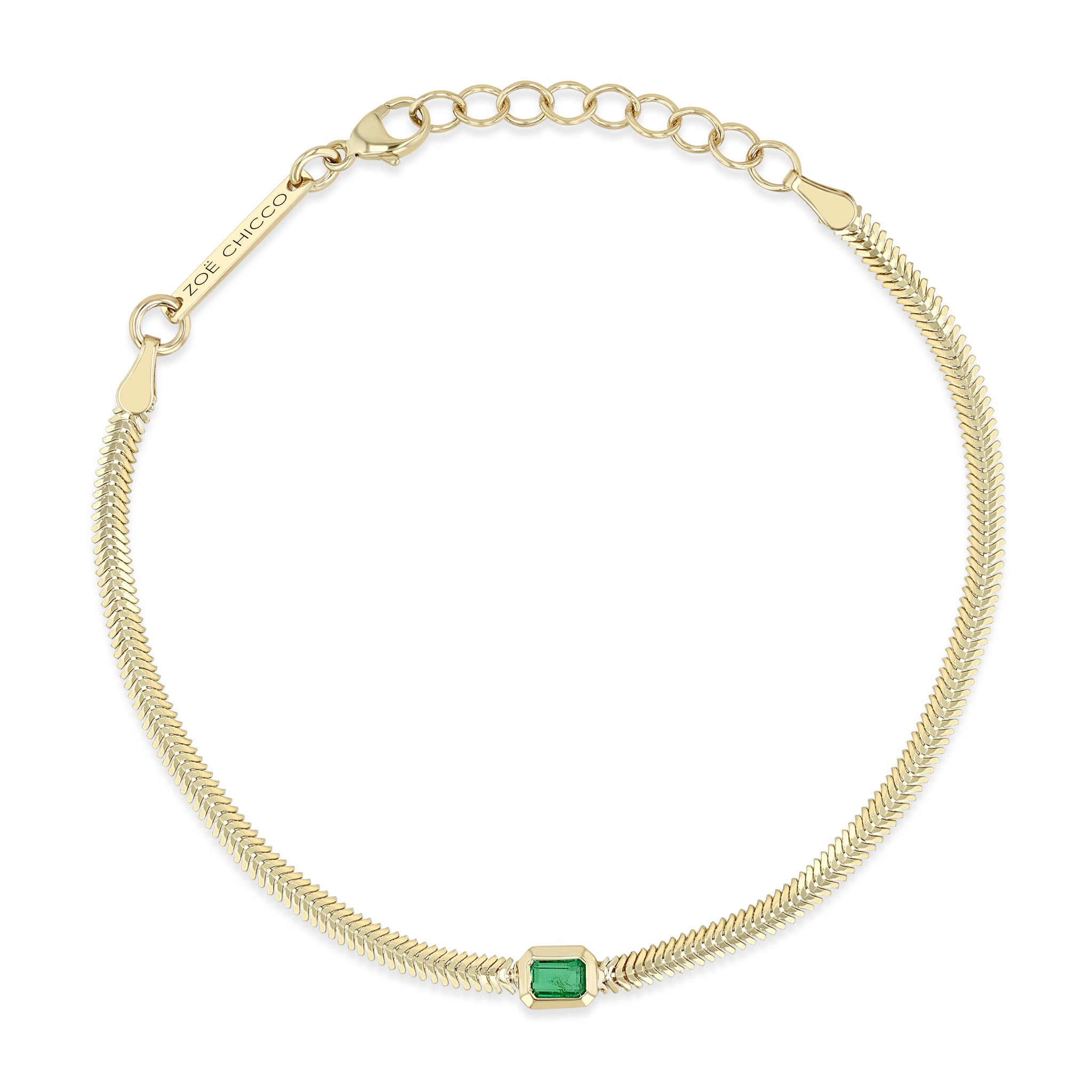 Zoe Chicco 14k Emerald Cut Emerald Small Snake Chain Bracelet on a white background