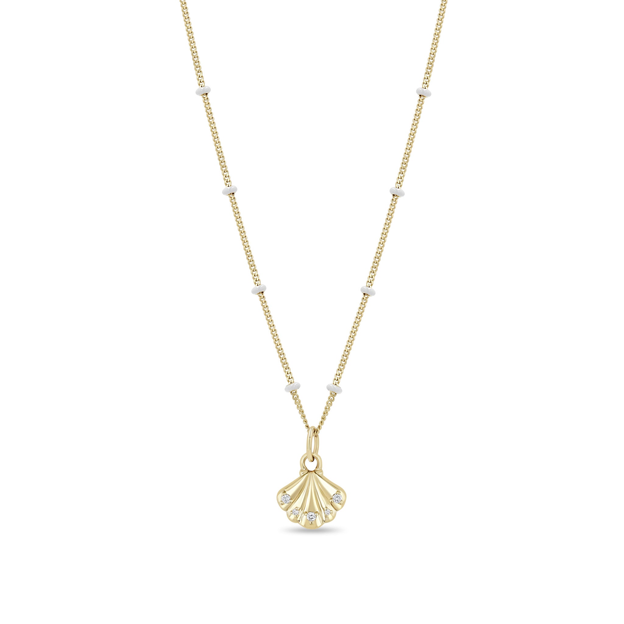 Zoë Chicco 14k Gold and Diamond Seashell White Enamel Satellite Chain Necklace