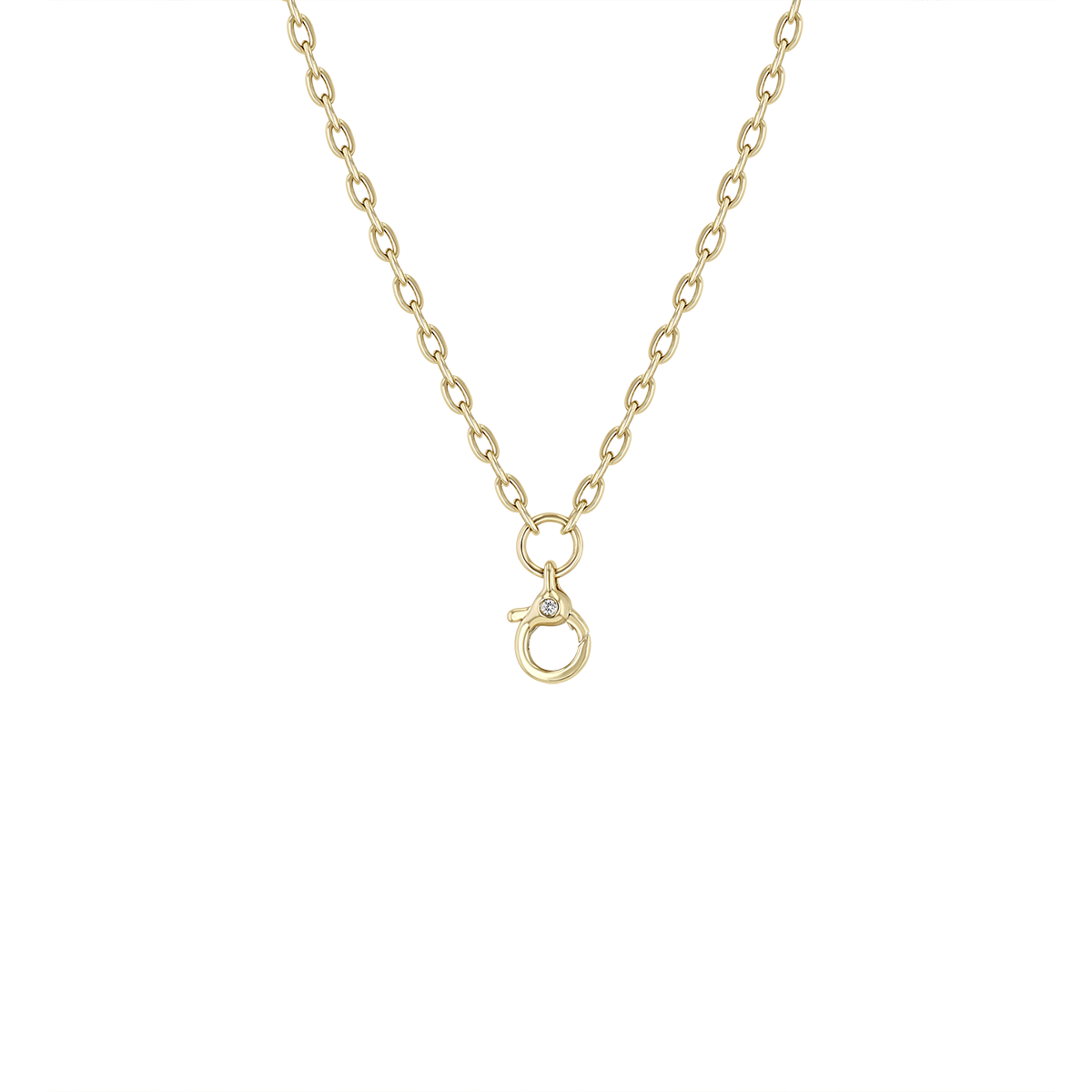 Zoe Chicco 14k gold oval link chain necklace with a clasp with a single diamond on a white background