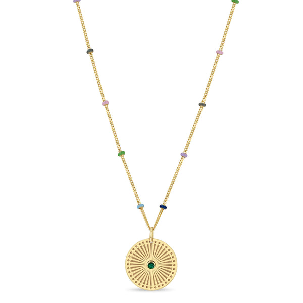 Zoë Chicco 14k Gold Emerald Sunbeam Medallion Multicolor Satellite Chain Necklace