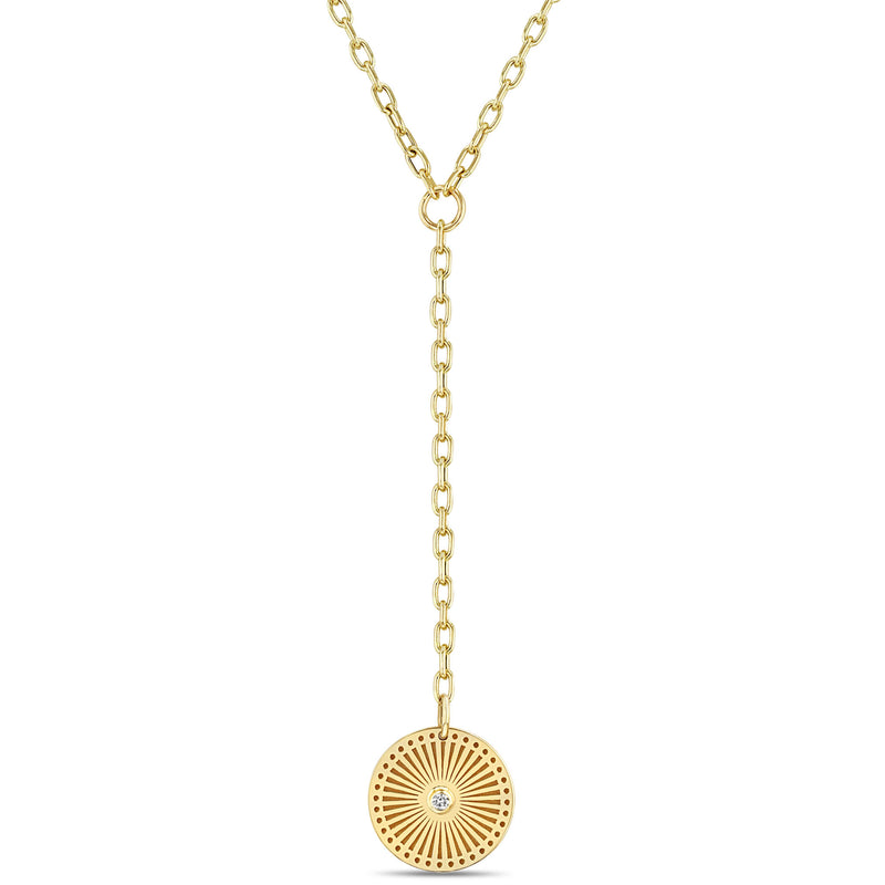 Zoë Chicco 14k Gold Small Sunbeam Medallion on Small Square Oval Chain Lariat Necklace