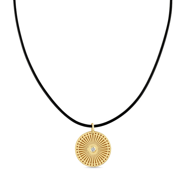 Zoë Chicco 14k Gold Small Sunbeam Medallion Black Leather Cord Necklace