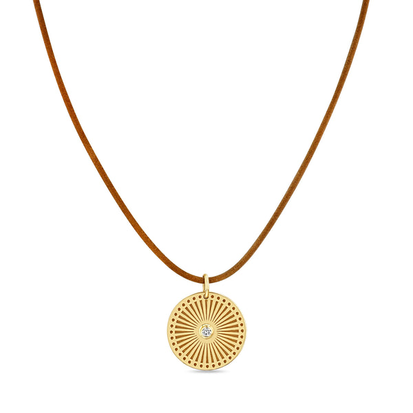 Zoë Chicco 14k Gold Small Sunbeam Medallion Tan Leather Cord Necklace