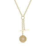 Zoe Chicco 14k gold chain lariat necklace with a circular sunbeam pendant on a white background
