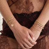 Zoe Chicco 14K Close-up of hands wearing gold bracelets and a ring on a lace fabric background