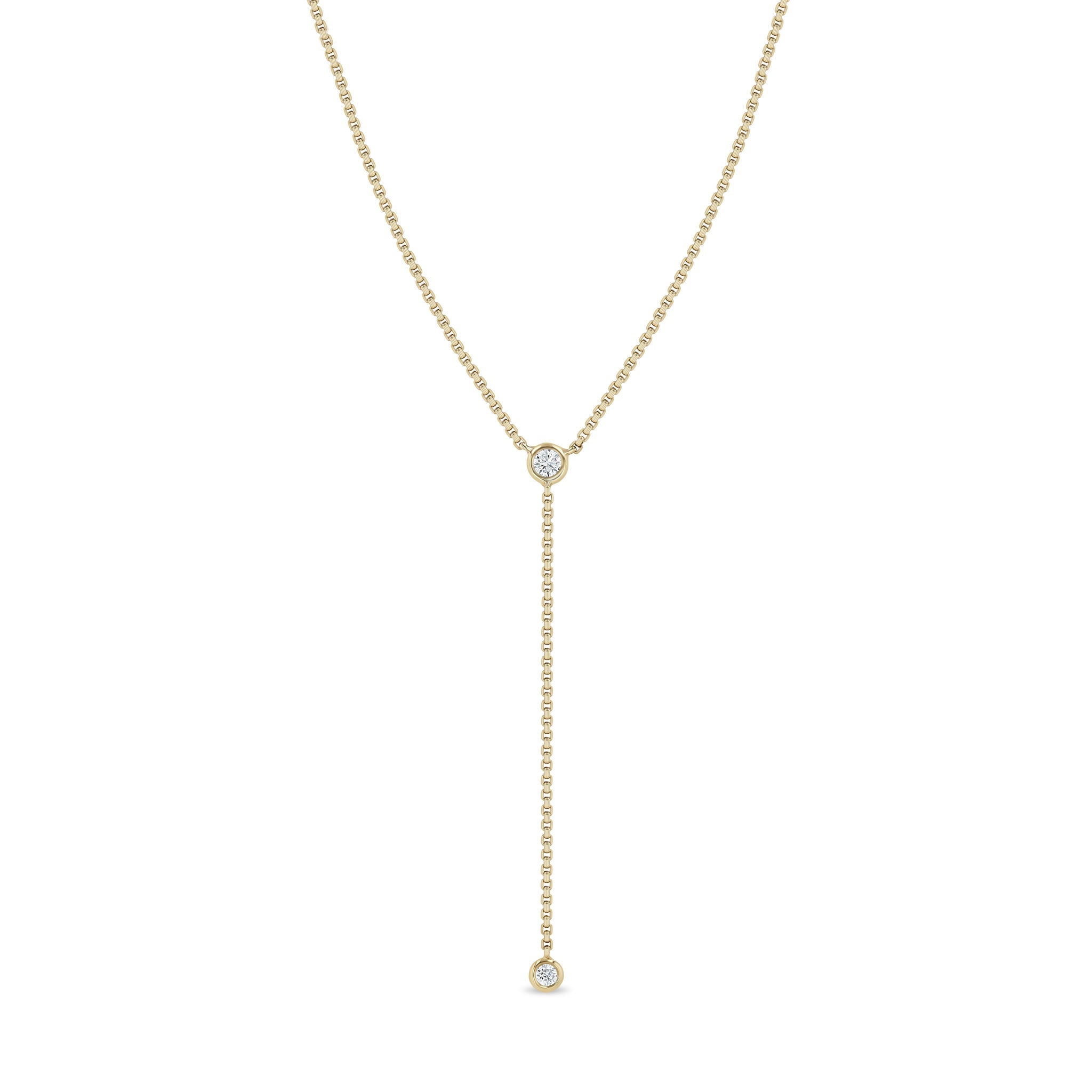 Zoe Chicco 14K Gold lariat necklace with 2 diamonds on a white background
