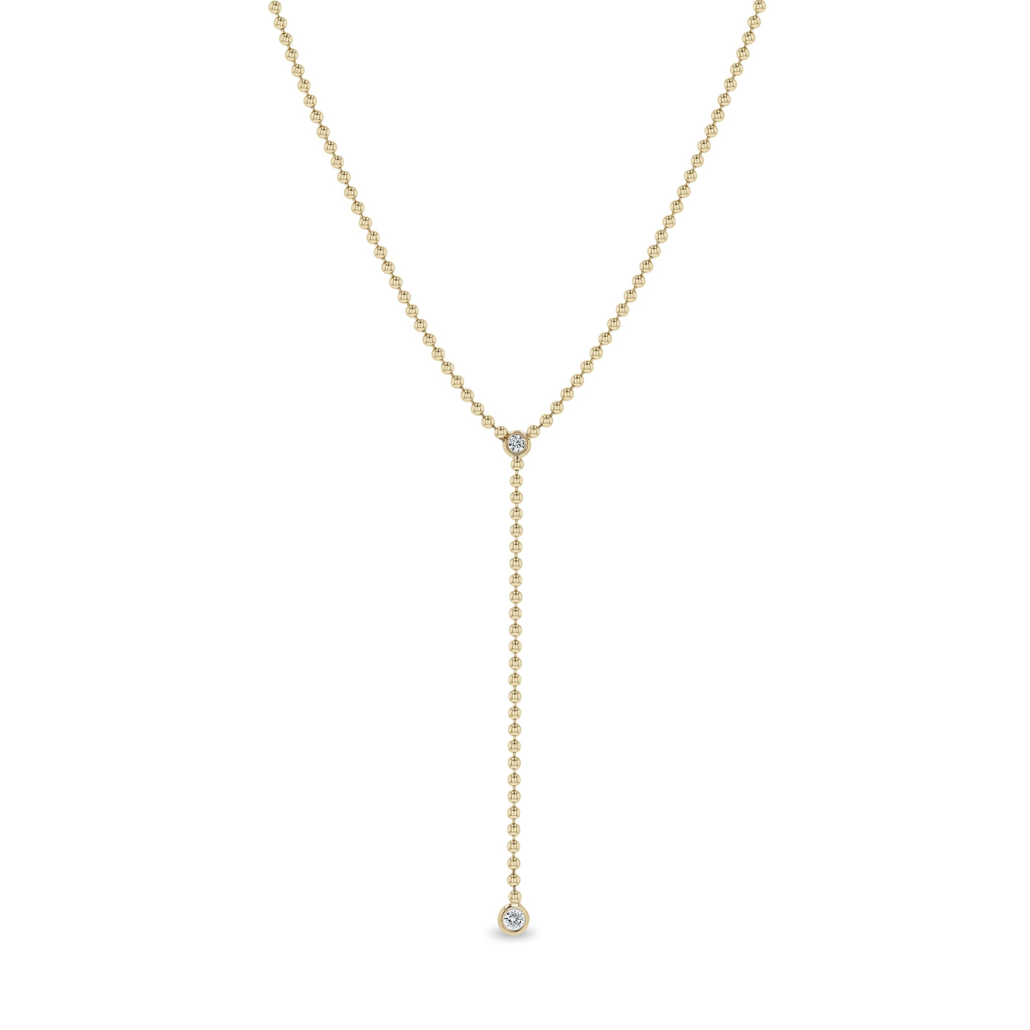 Zoe Chicco 14K Gold Lariat necklace with 2 diamonds on a white background