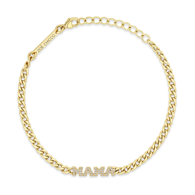 top down view of a Zoë Chicco 14k Gold Itty Bitty Pavé Diamond MAMA Small Curb Chain Bracelet
