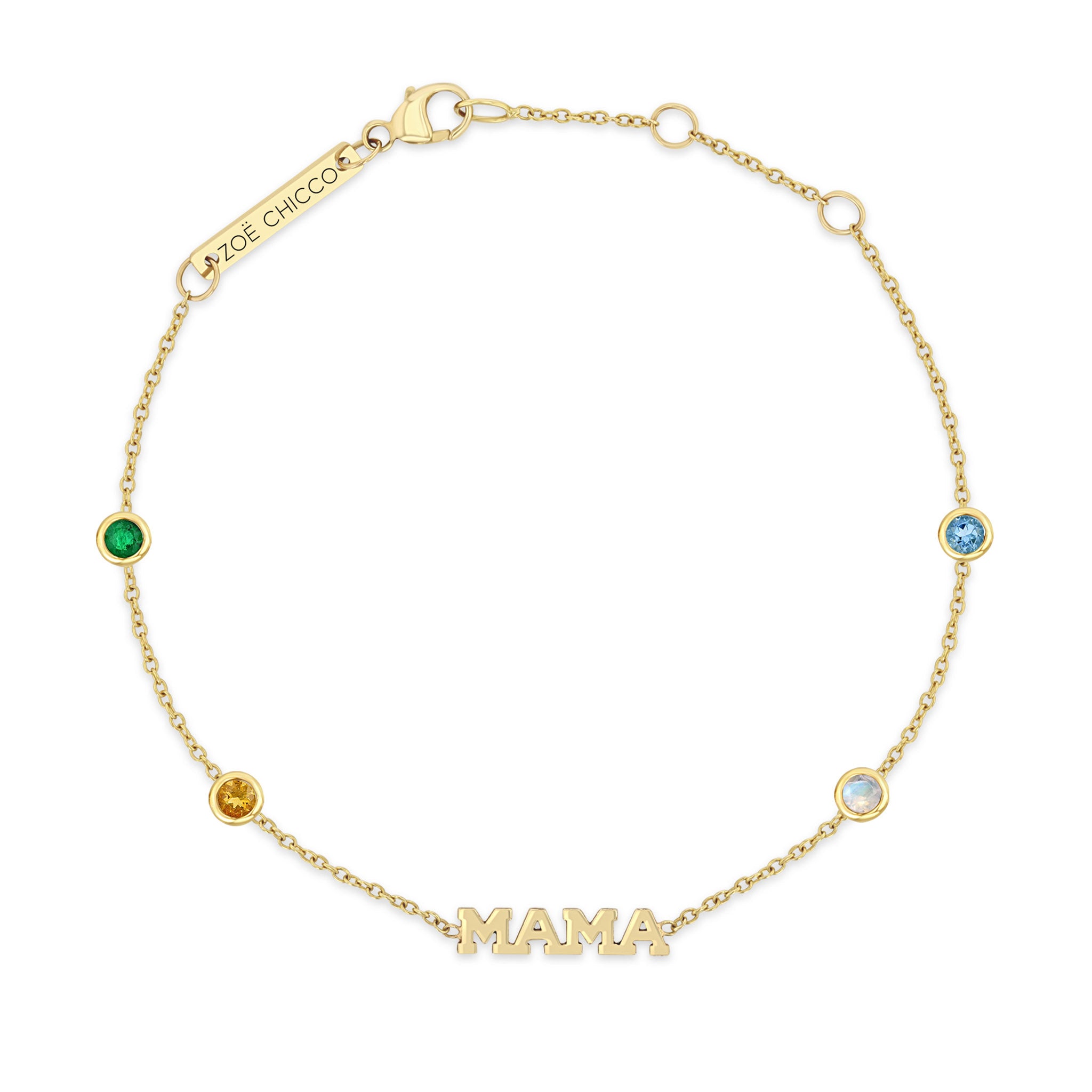 Zoë Chicco 14k Yellow Gold Itty Bitty MAMA Bracelet with four floating bezel set round birthstones