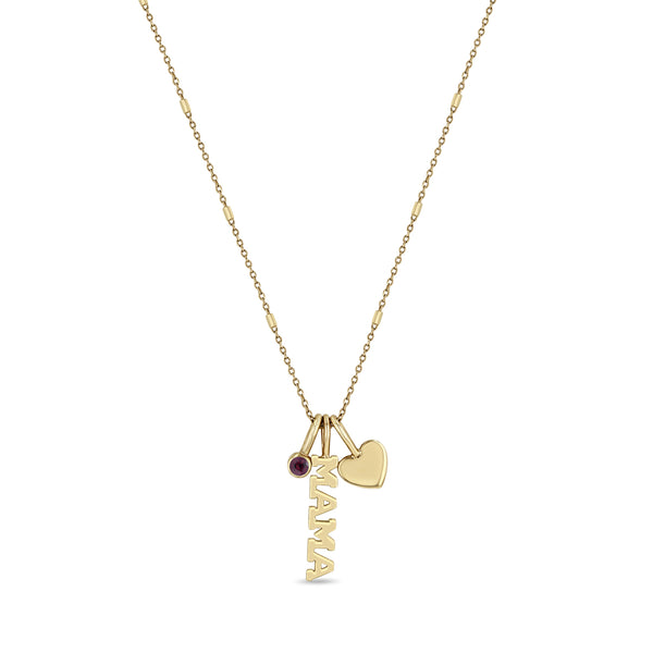 Zoë Chicco 14k Gold MAMA Charm Necklace with Heart & January Garnet Birthstone