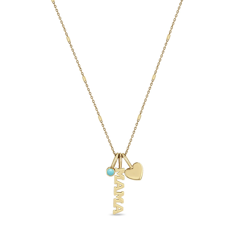 Zoë Chicco 14k Gold MAMA Charm Necklace with Heart & December Turquoise Birthstone