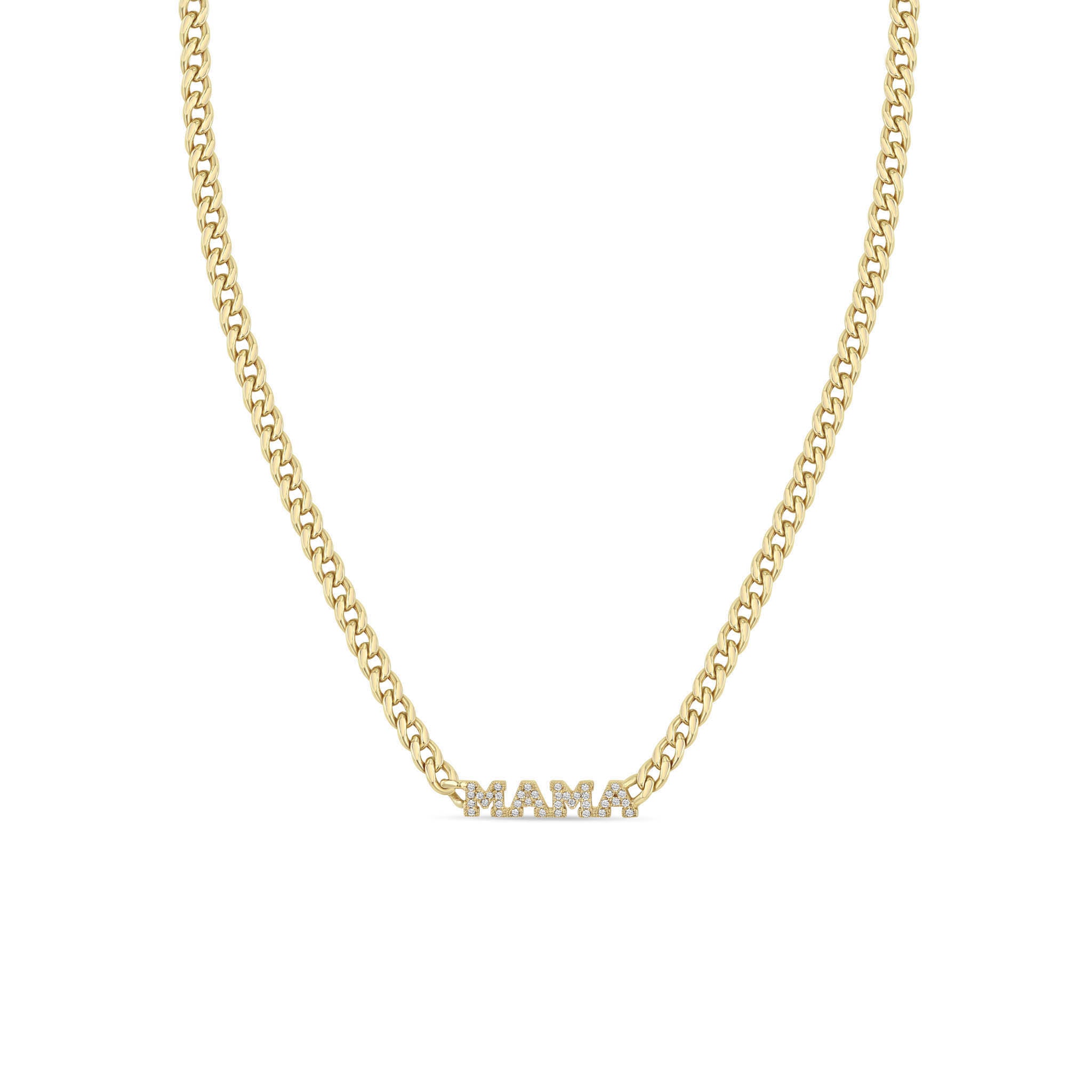 Zoë Chicco 14k Gold Itty Bitty Pavé Diamond MAMA Small Curb Chain Necklace