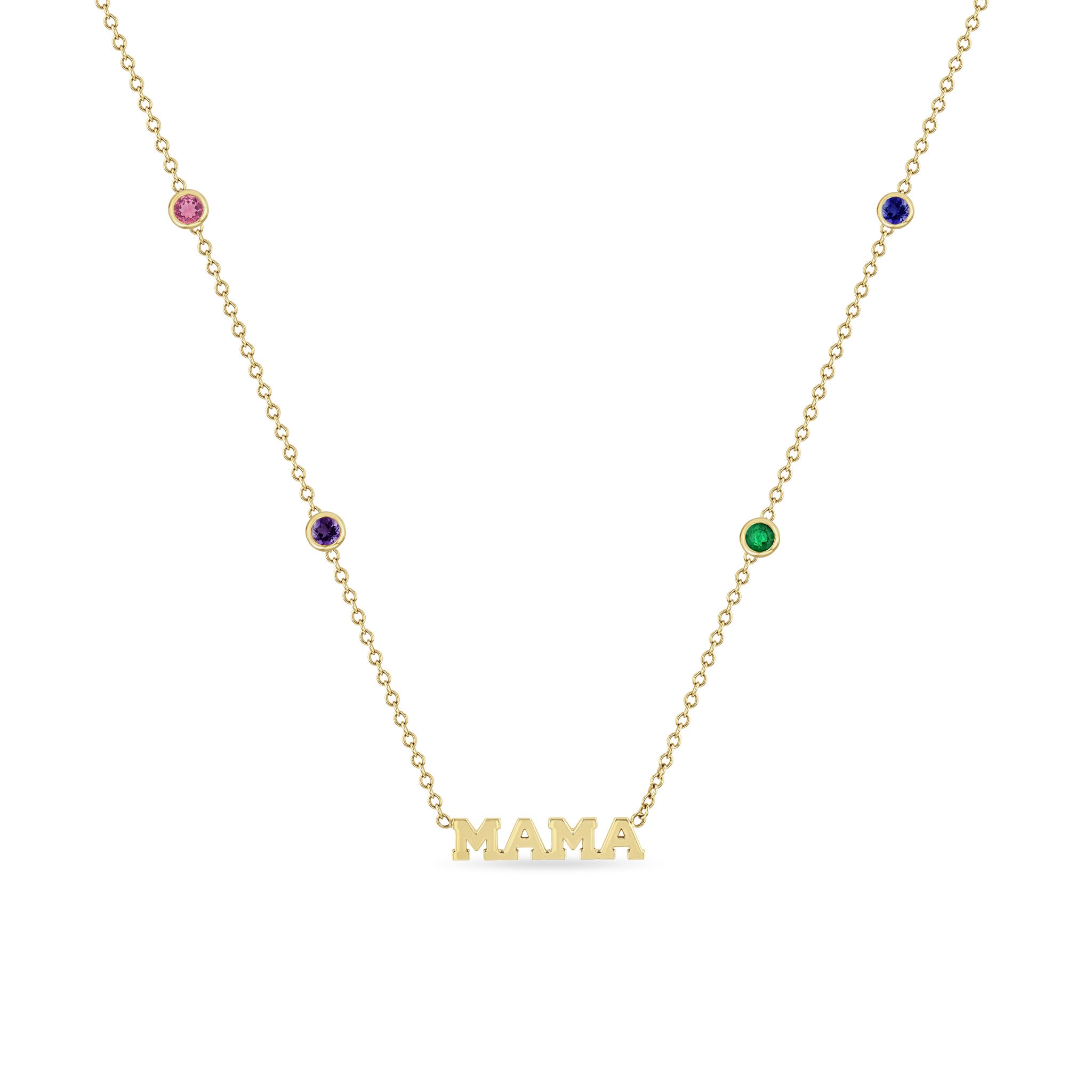 Zoë Chicco 14k Yellow Gold Itty Bitty MAMA Necklace with four floating bezel set round birthstones