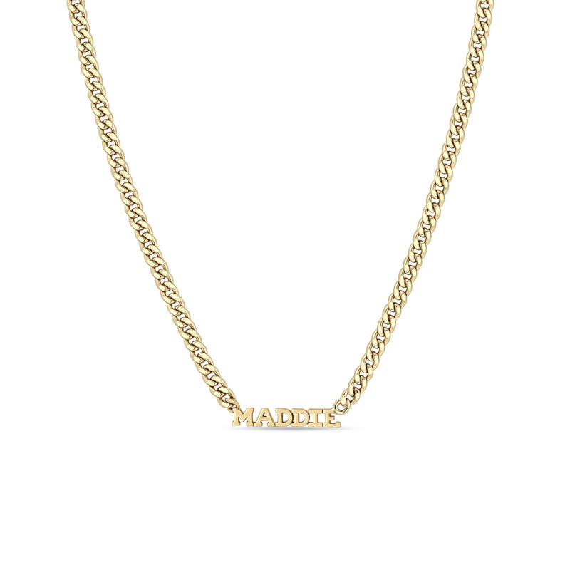 Zoë Chicco 14k Gold Custom Itty Bitty Letters Curb Chain Necklace with the name MADDIE