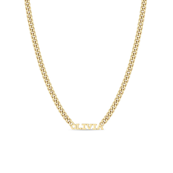 Zoë Chicco 14k Gold Custom Itty Bitty Letters Curb Chain Necklace with the name OLIVIA