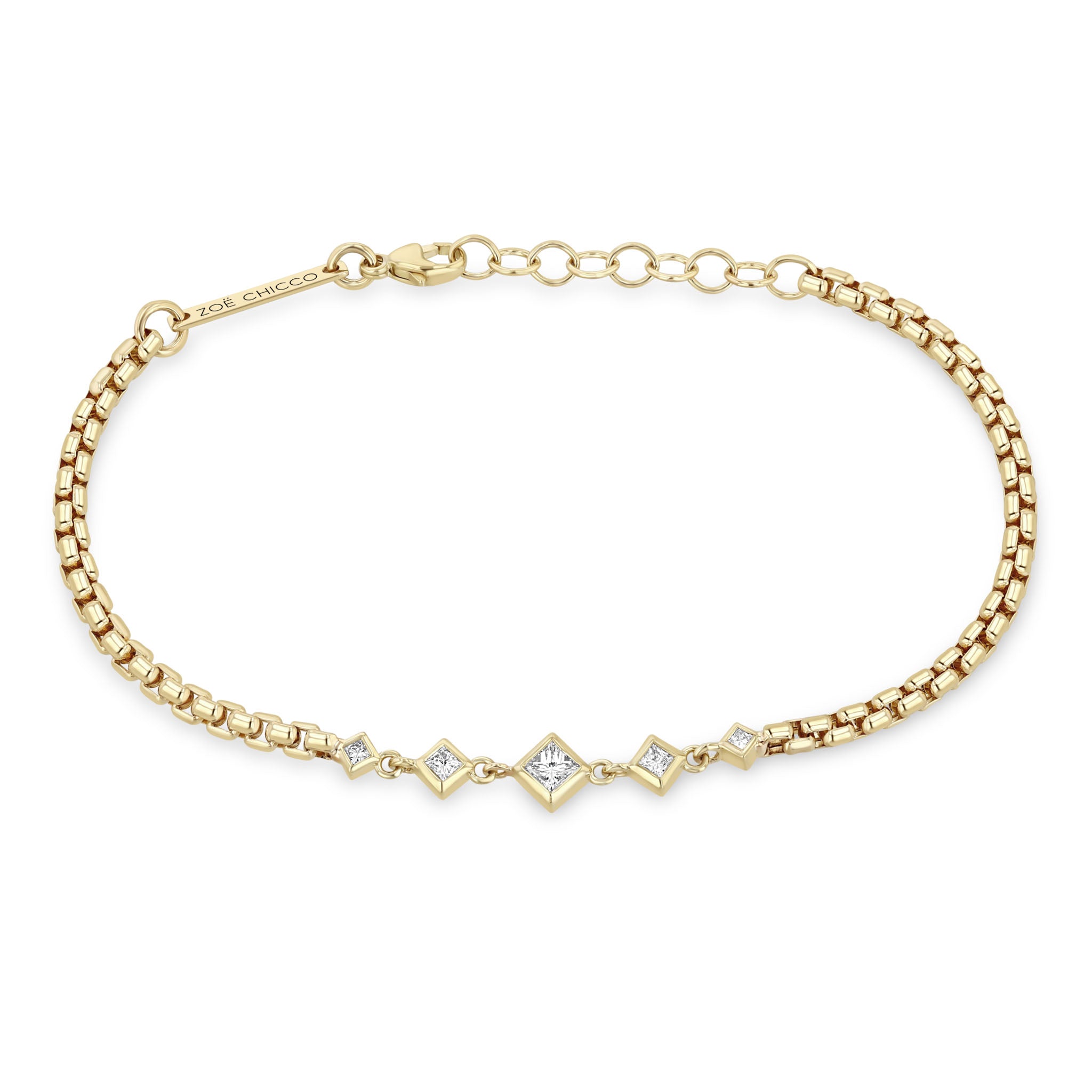 Zoë Chicco 14k Gold Linked Graduated Princess Diamond Bezel Box Chain Bracelet