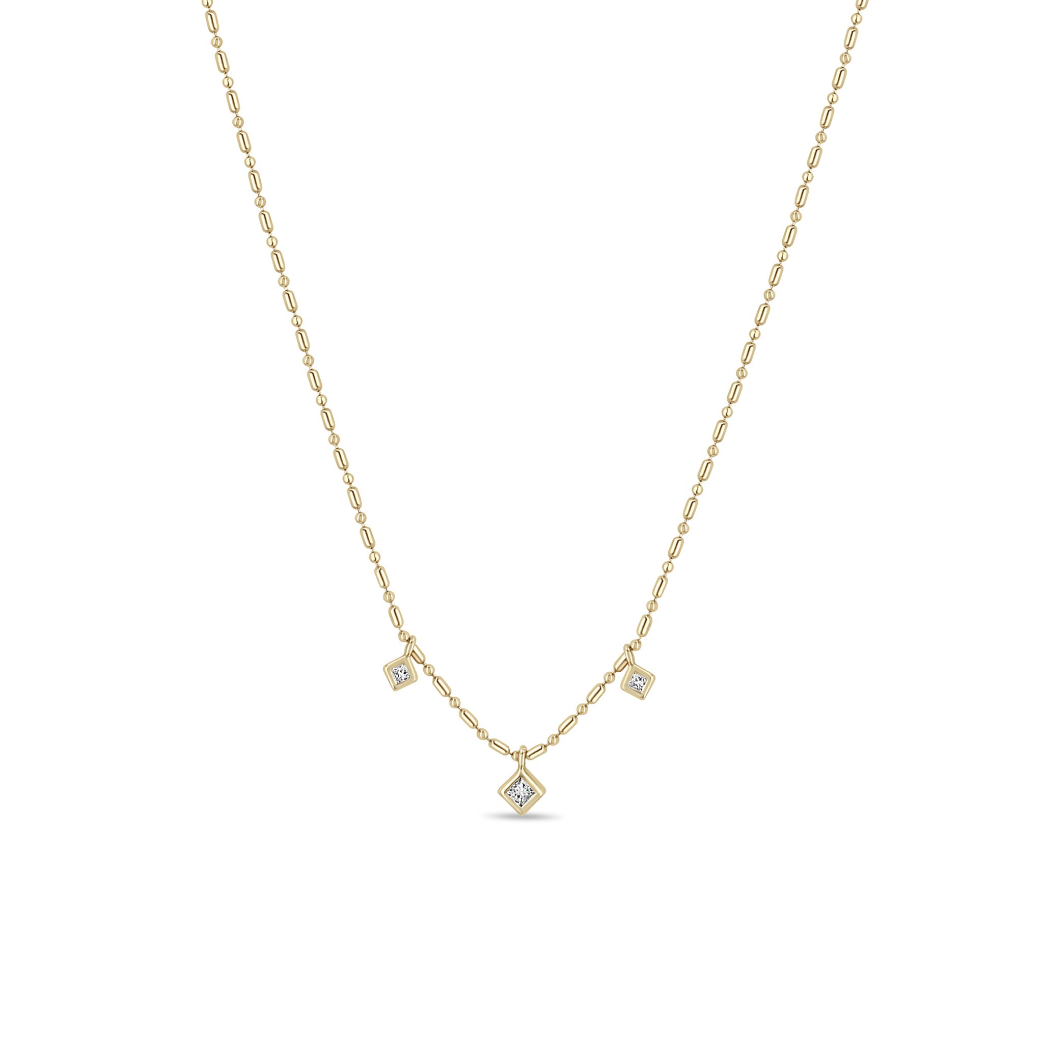Zoe Chicco 14k gold bead chain necklace with three square diamond pendants handing towards the center on a white background
