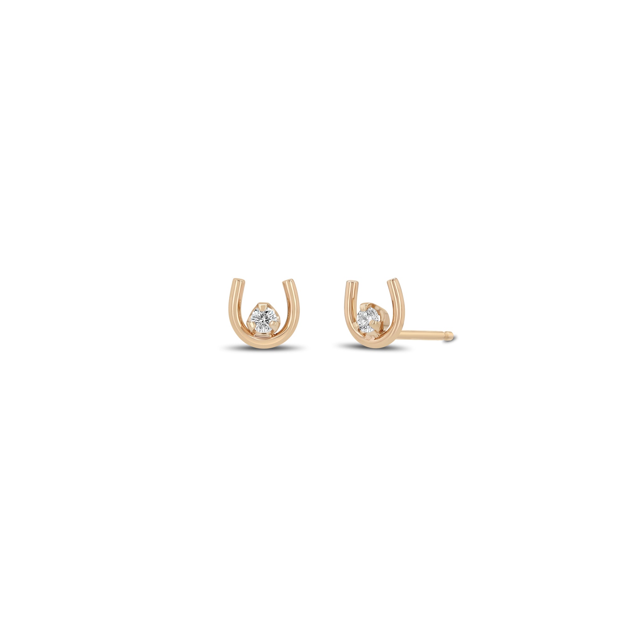 Zoe Chicco 14k rose gold small horseshoe stud earrings with a single prong diamond on a white background